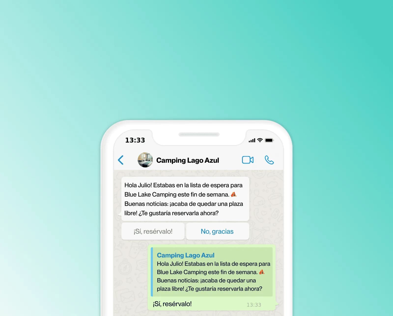Mobiltelefon mit einer WhatsApp-Kampagne, die über ein verfügbares Zimmer informiert und Schaltflächen zur Buchung anbietet