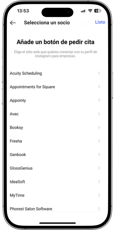 Selecciona tu proveedor de reservas: Instagram te pedirá que elijas el sistema que utilizas para gestionar las reservas (por ejemplo, OpenTable u otros motores compatibles).